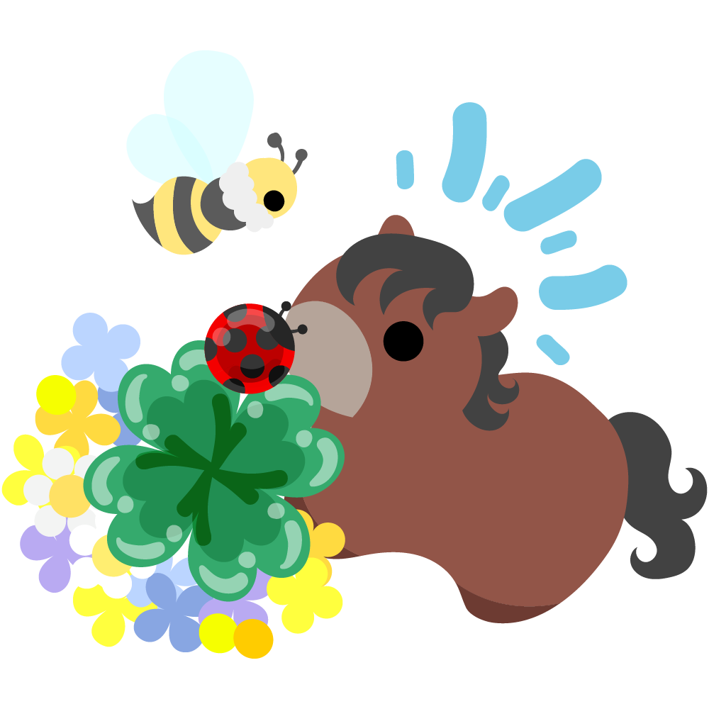 可愛い馬のフリーイラスト素材　-クローバーとミツバチとてんとう虫-