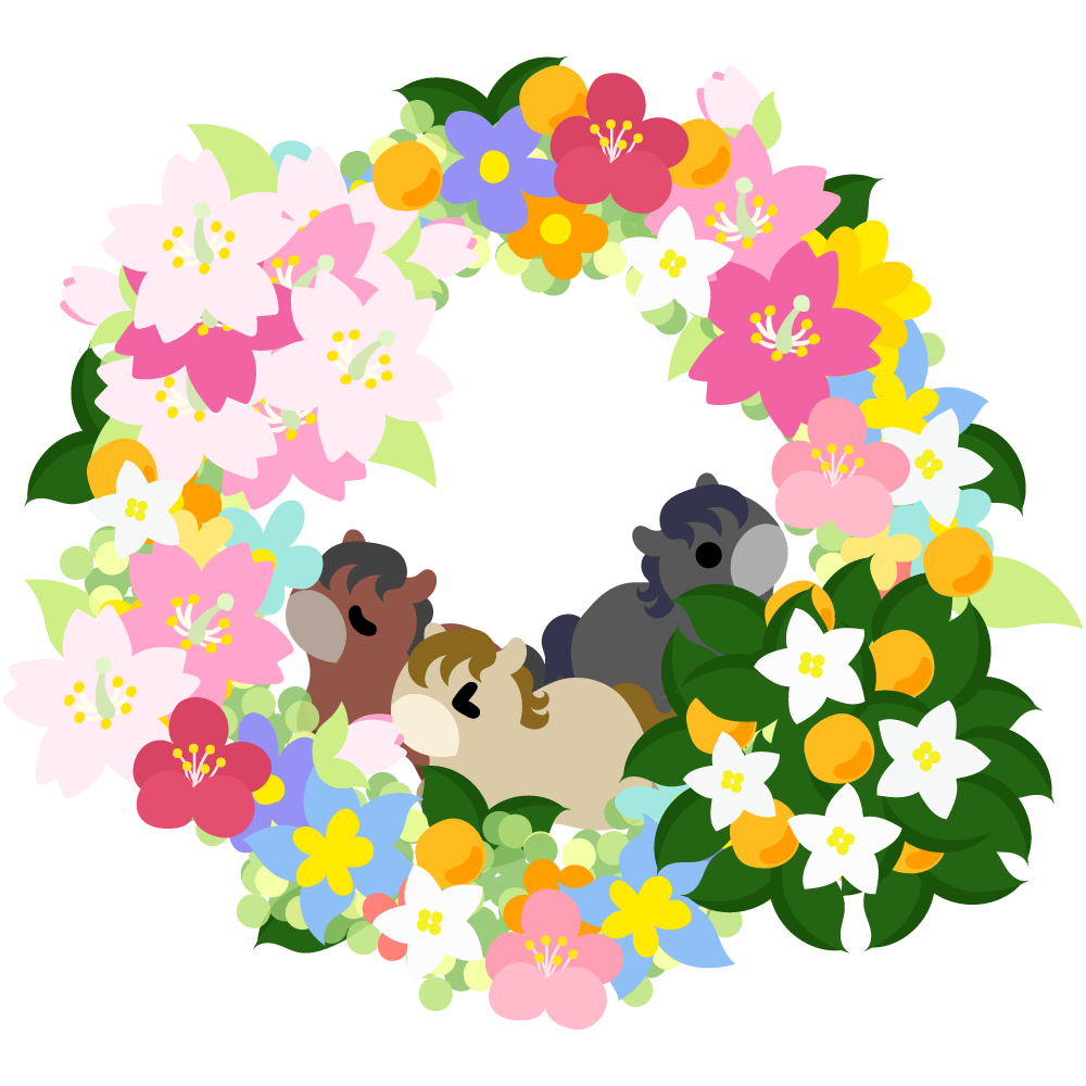 可愛い馬のフリーイラスト素材　-春の花のリース-