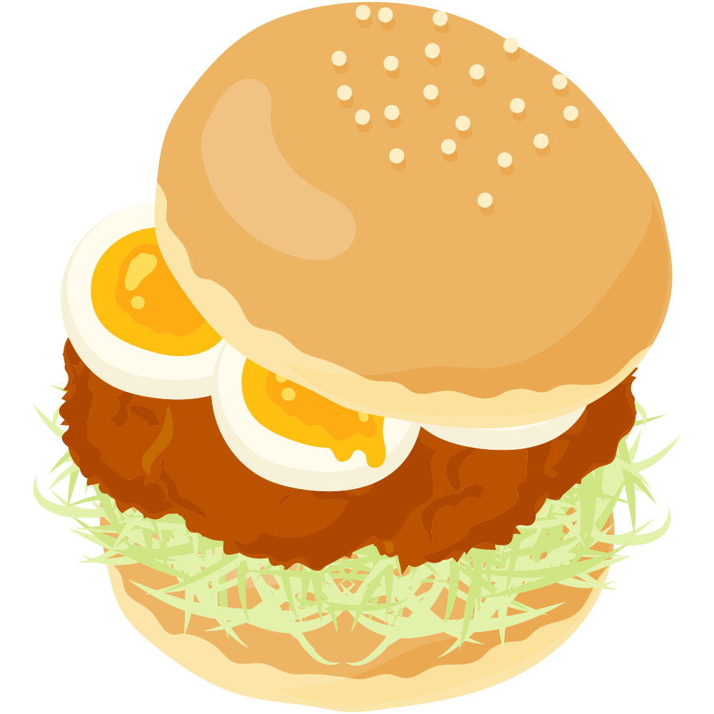 美味しそうなハンバーガーのフリーイラスト素材　-ゆで卵とフライドチキン-