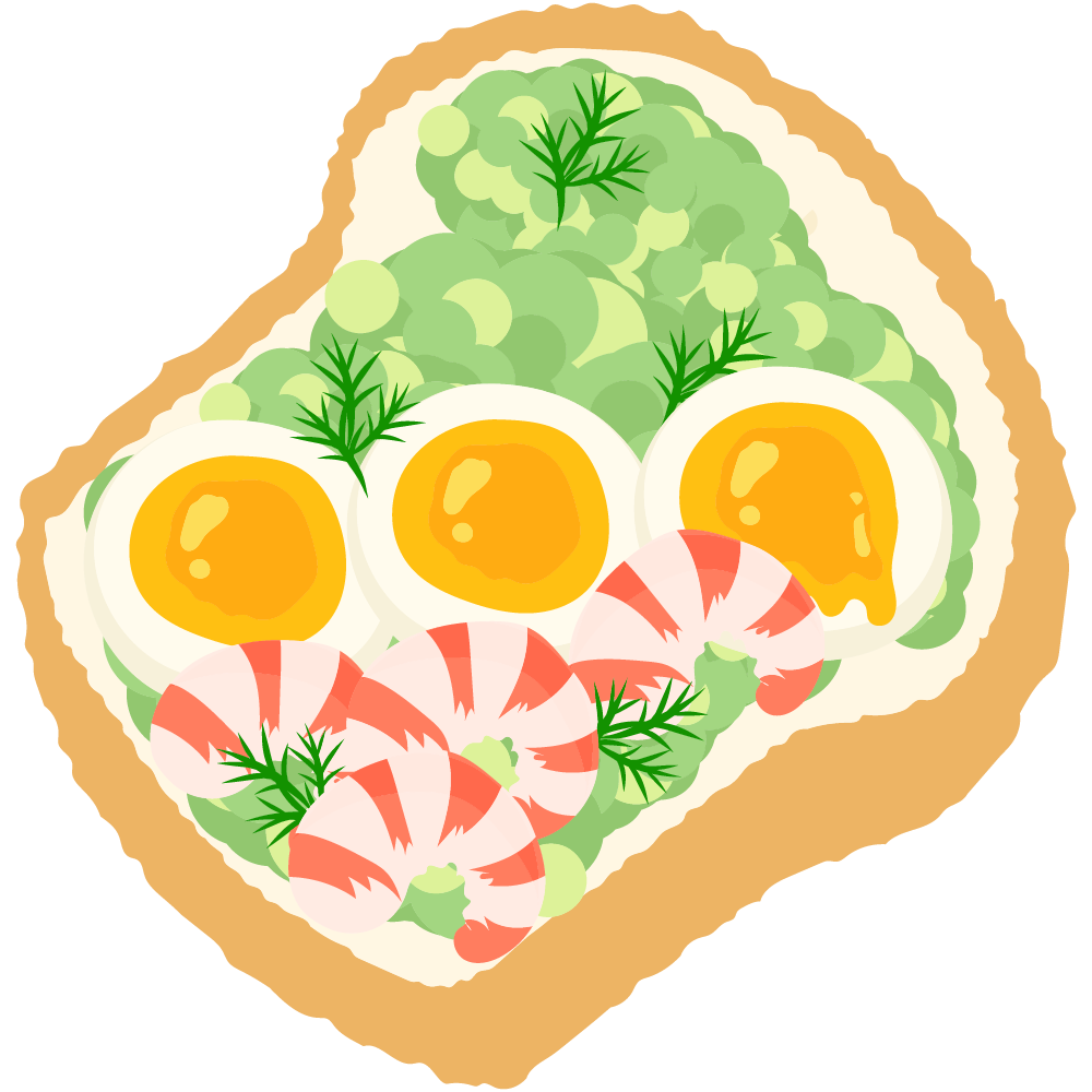 美味しそうなオープンサンドのフリーイラスト素材　-アボカドとゆで卵とエビ-