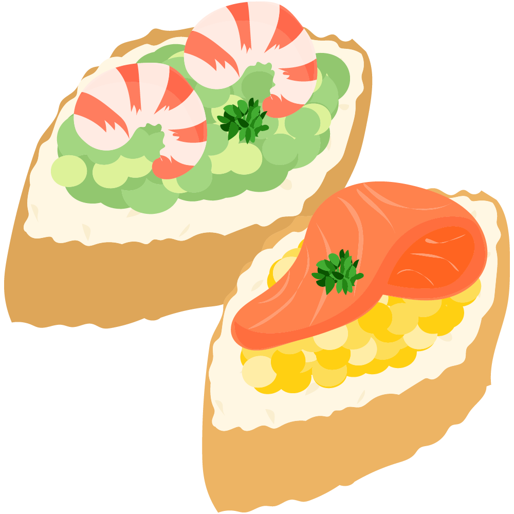 美味しそうなオープンサンドのフリーイラスト素材　-バゲットのオードブル-