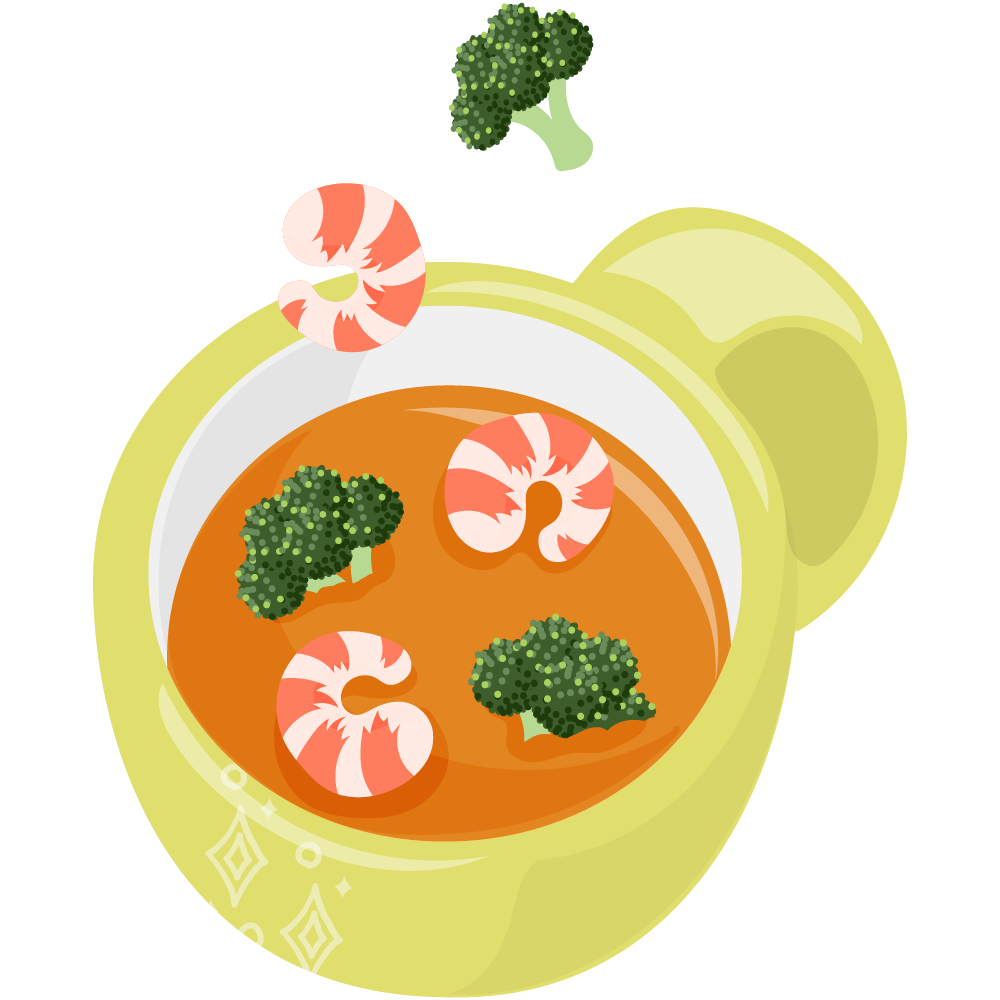 美味しそうなスープのフリーイラスト素材　-海老とブロッコリー-